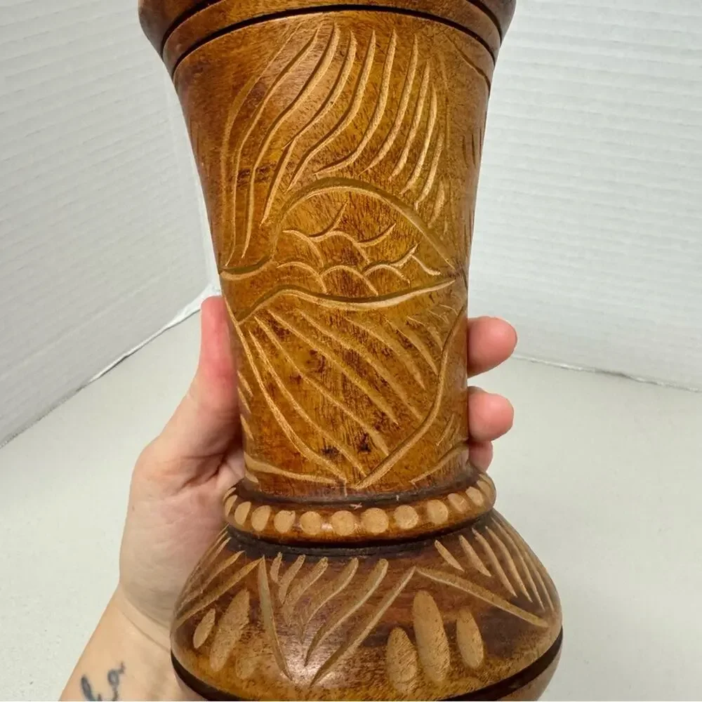 Vintage Wood Carved Tiki Vase Floral Boho Brown Home Decor